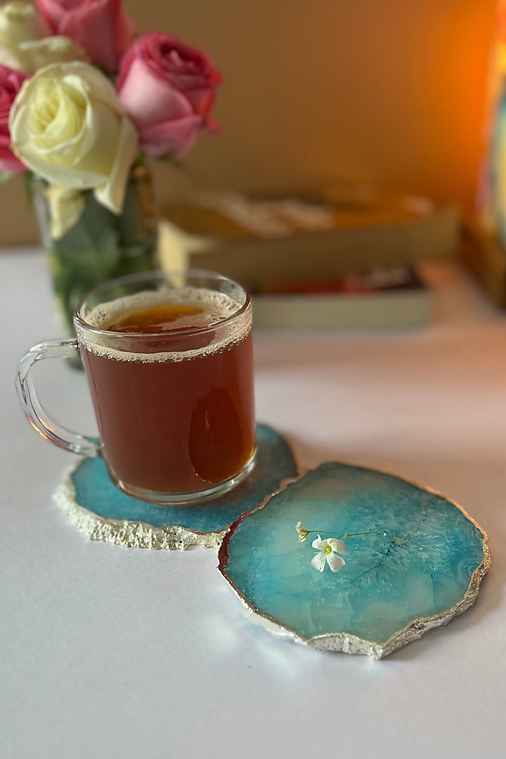 Turquoise Crystal Agate Silver Plated Coasters (Set of 2) by Home Jewels by Cotton Indya