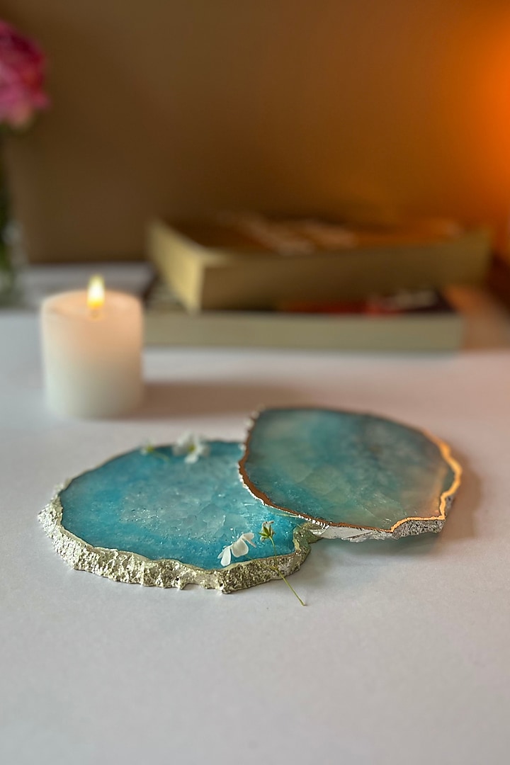 Turquoise Crystal Agate Silver Plated Coasters (Set of 2) by Home Jewels by Cotton Indya at Pernia's Pop Up Shop
