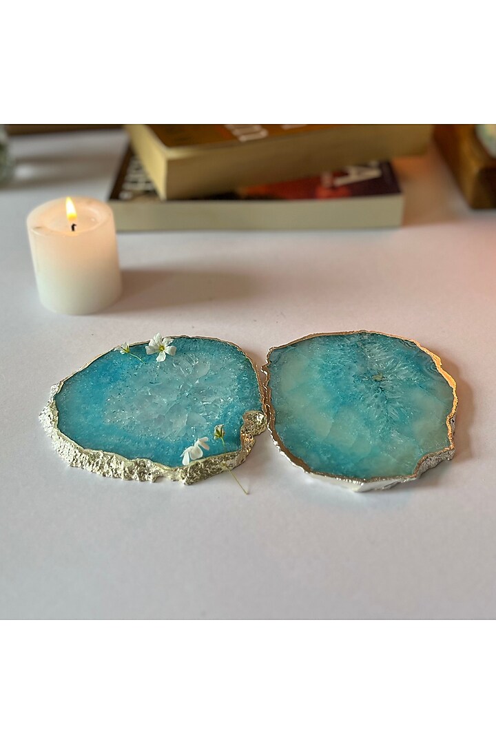 Turquoise Crystal Agate Silver Plated Coasters (Set of 2) by Home Jewels by Cotton Indya at Pernia's Pop Up Shop