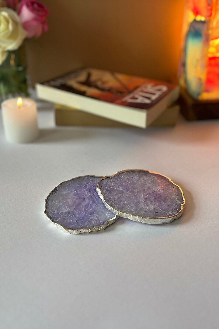 Purple Crystal Agate Silver Plated Coasters (Set of 2) by Home Jewels by Cotton Indya at Pernia's Pop Up Shop