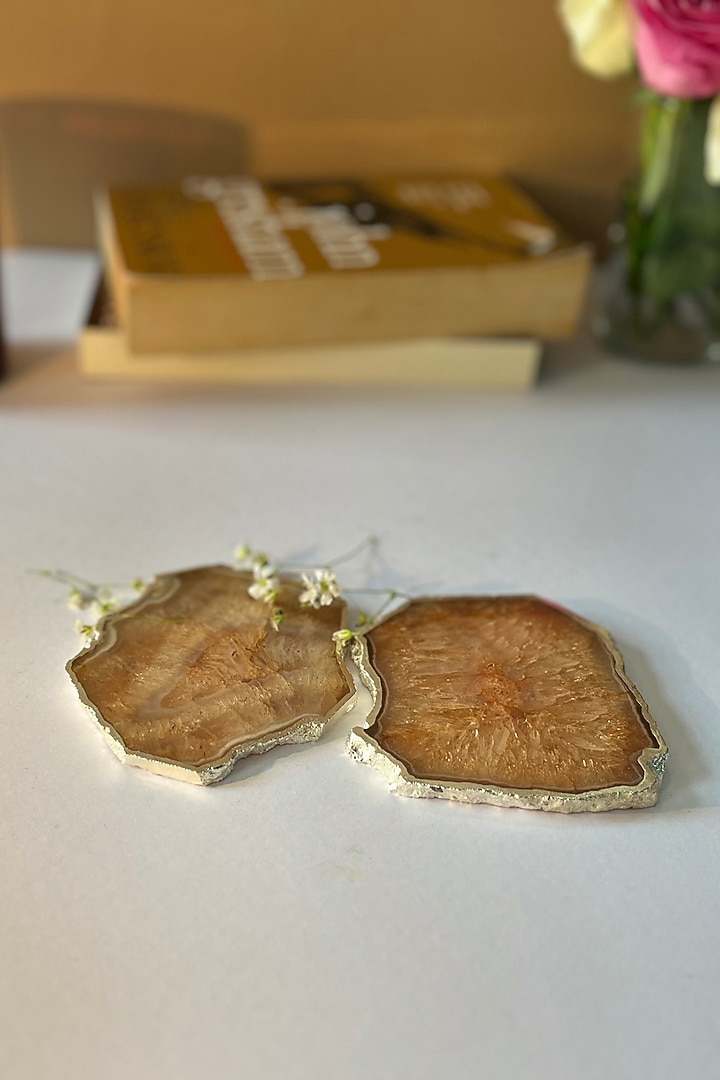 Brown Crystal Agate Silver Plated Coasters (Set of 2) by Home Jewels by Cotton Indya at Pernia's Pop Up Shop