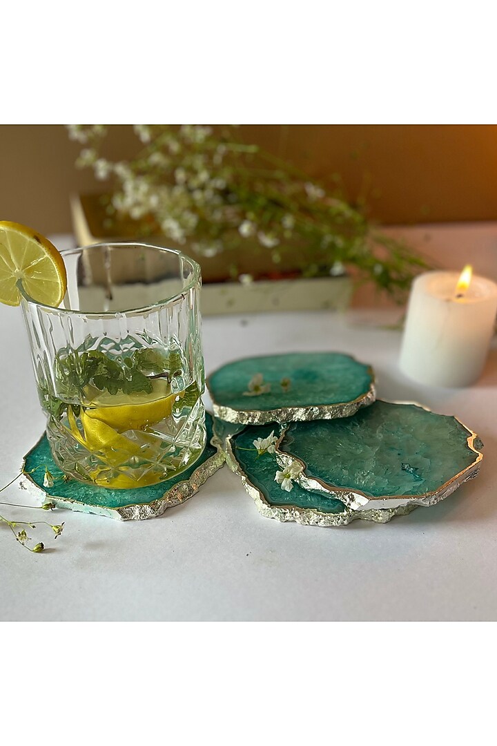 Green Crystal Agate Silver Plated Coasters (Set of 4) by Home Jewels by Cotton Indya at Pernia's Pop Up Shop