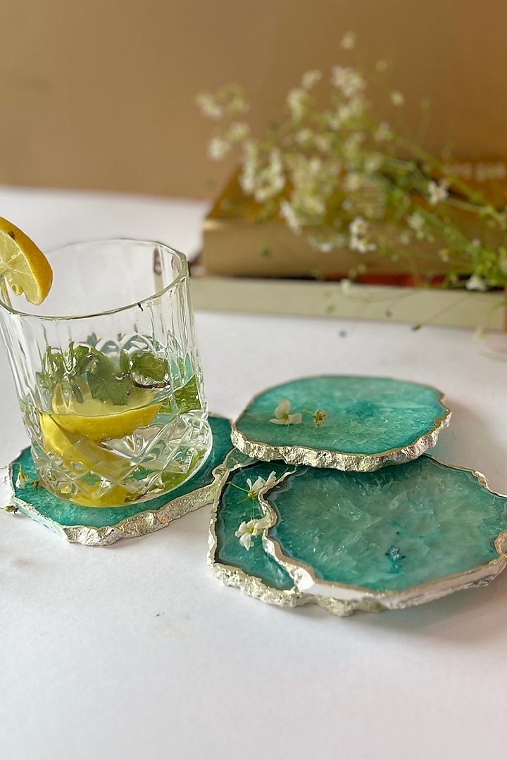 Green Crystal Agate Silver Plated Coasters (Set of 4) by Home Jewels by Cotton Indya