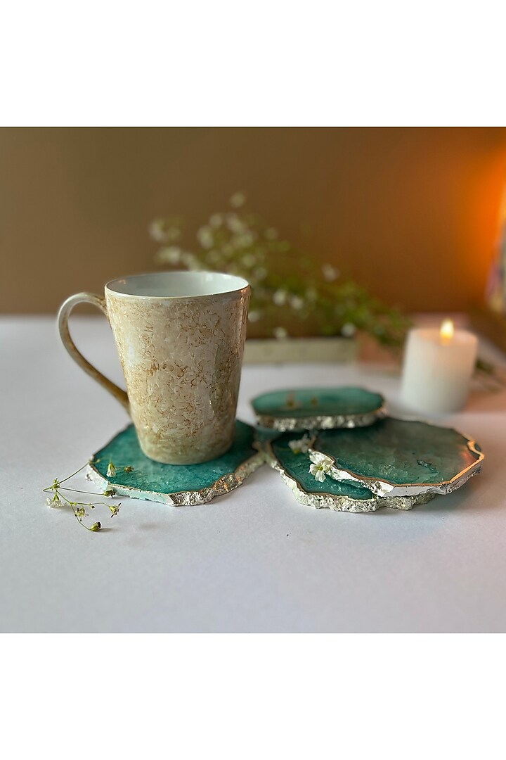 Green Crystal Agate Silver Plated Coasters (Set of 4) by Home Jewels by Cotton Indya at Pernia's Pop Up Shop