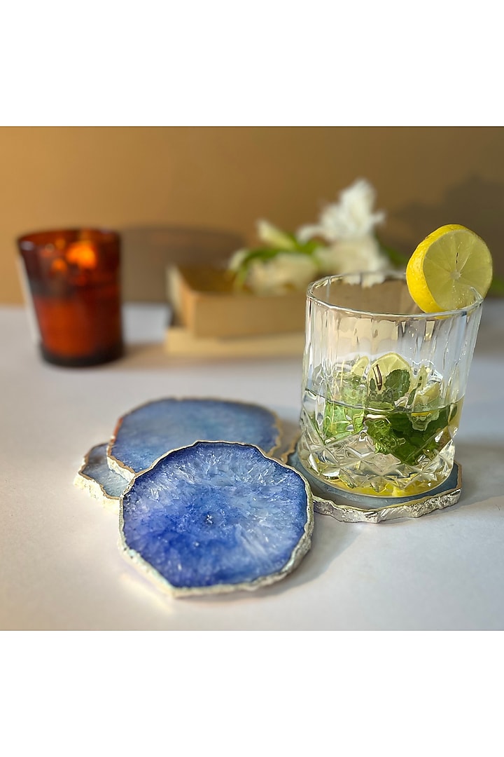 Blue Crystal Agate Silver Plated Coasters (Set of 4) by Home Jewels by Cotton Indya at Pernia's Pop Up Shop
