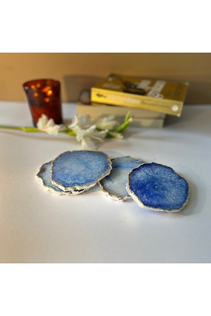 Blue Crystal Agate Silver Plated Coasters (Set of 4) by Home Jewels by Cotton Indya at Pernia's Pop Up Shop