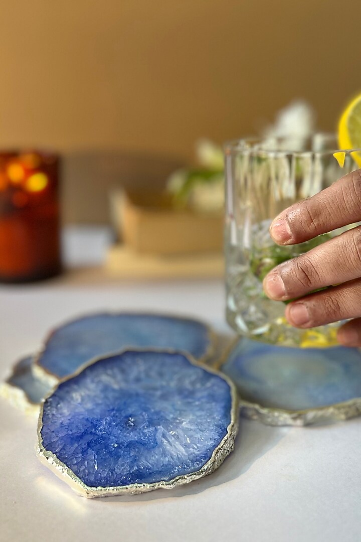 Blue Crystal Agate Silver Plated Coasters (Set of 4) by Home Jewels by Cotton Indya at Pernia's Pop Up Shop