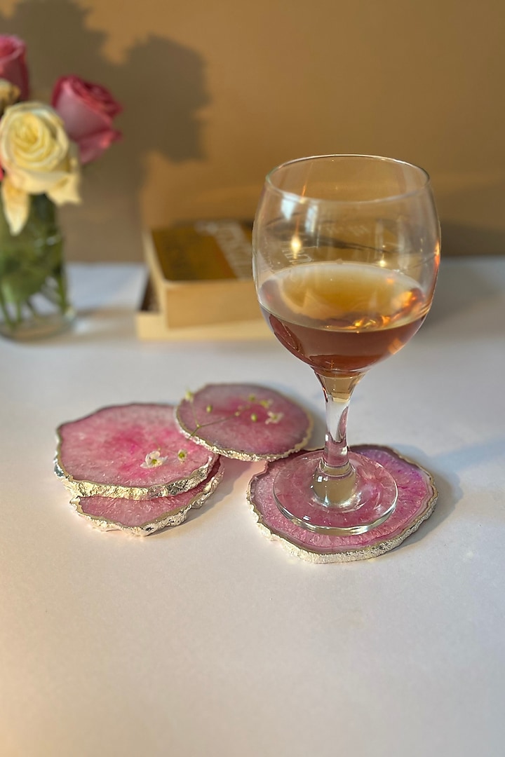 Pink Crystal Agate Silver Plated Coasters (Set of 4) by Home Jewels by Cotton Indya