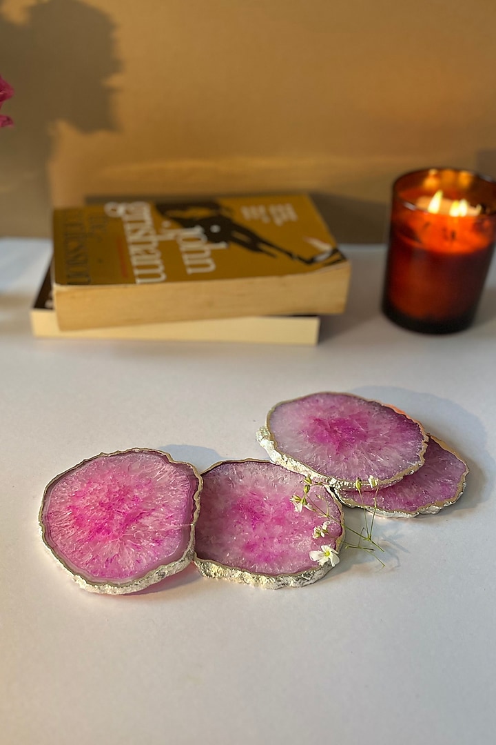 Pink Crystal Agate Silver Plated Coasters (Set of 4) by Home Jewels by Cotton Indya at Pernia's Pop Up Shop