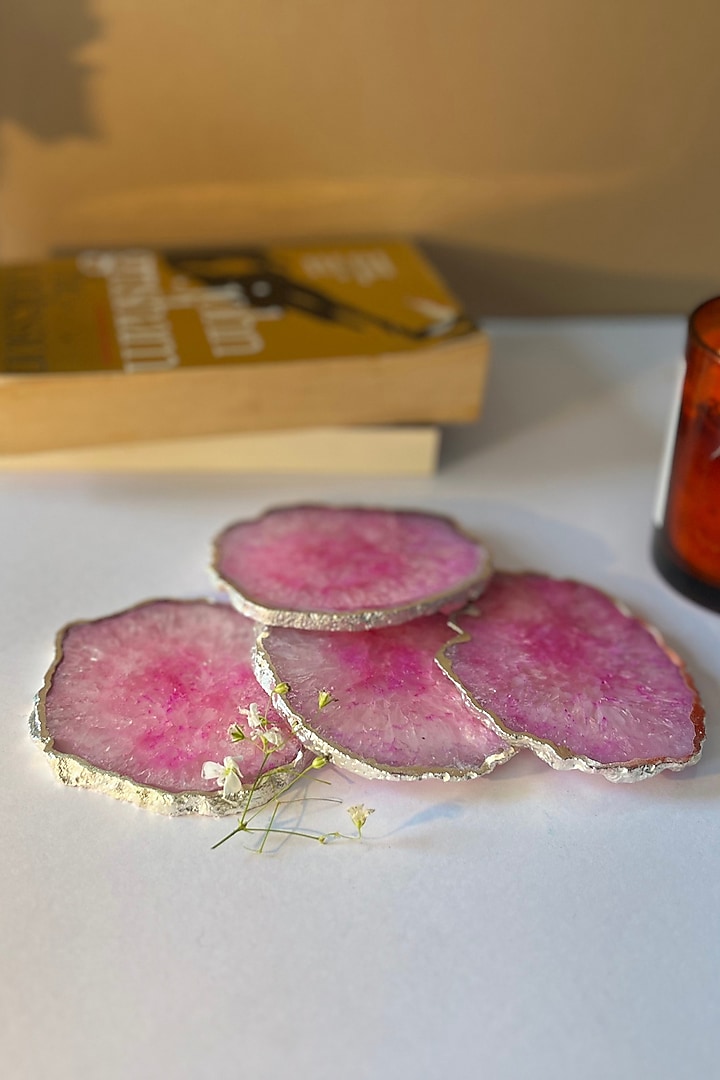 Pink Crystal Agate Silver Plated Coasters (Set of 4) by Home Jewels by Cotton Indya at Pernia's Pop Up Shop
