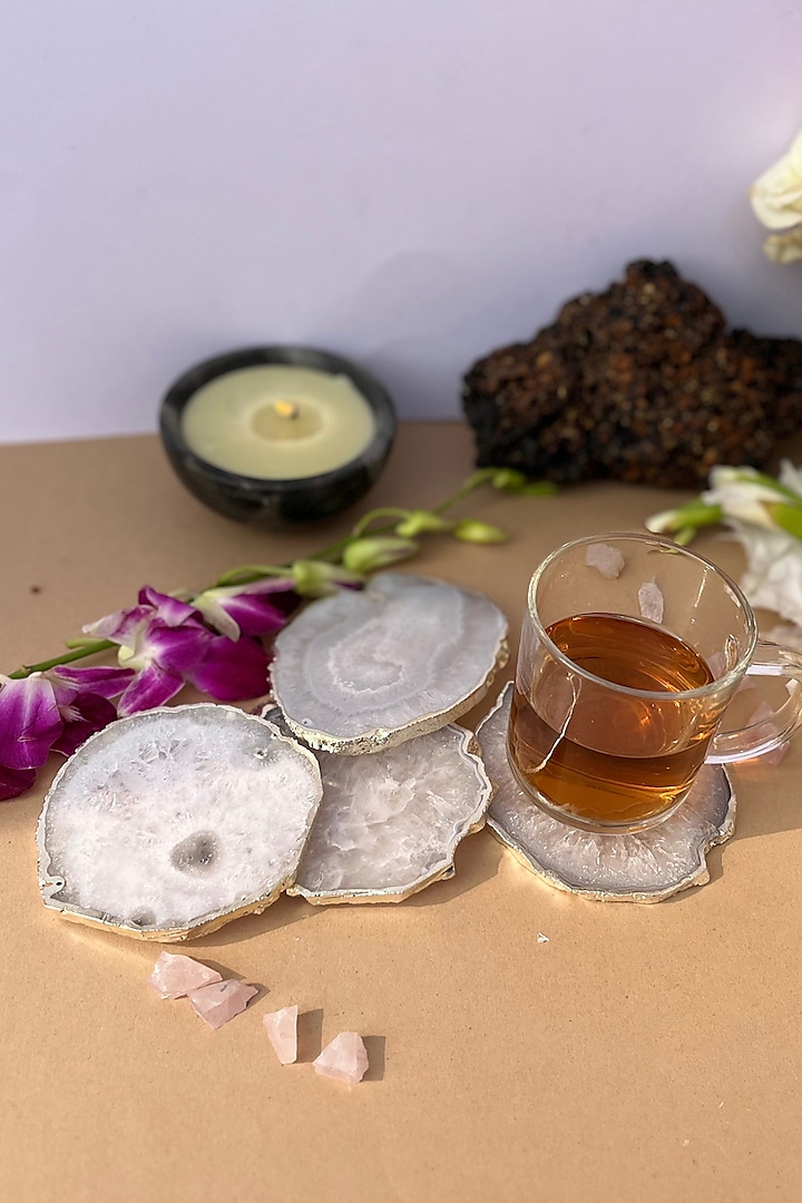 White Crystal Agate Silver Plated Coasters (Set of 4) by Home Jewels by Cotton Indya