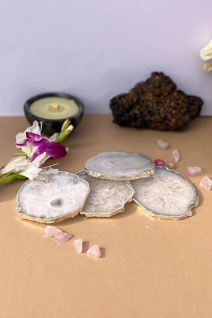 White Crystal Agate Silver Plated Coasters (Set of 4) by Home Jewels by Cotton Indya at Pernia's Pop Up Shop