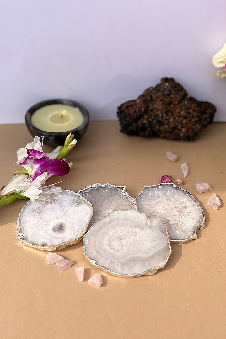 White Crystal Agate Silver Plated Coasters (Set of 4) by Home Jewels by Cotton Indya at Pernia's Pop Up Shop