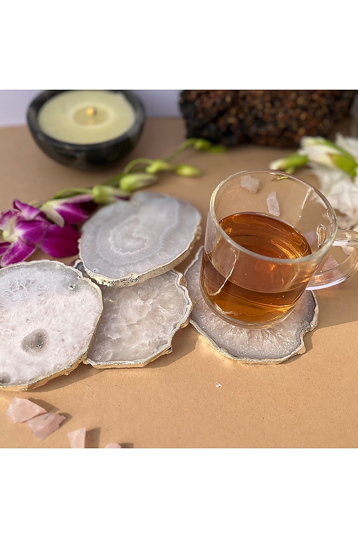 White Crystal Agate Silver Plated Coasters (Set of 4) by Home Jewels by Cotton Indya at Pernia's Pop Up Shop