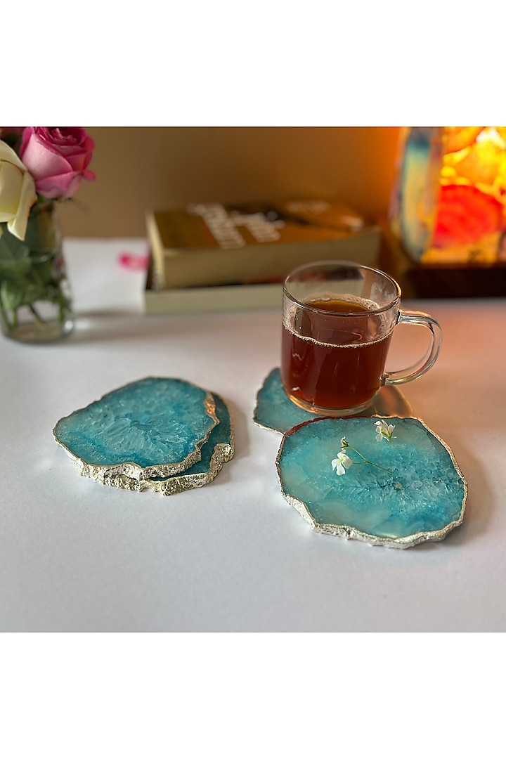 Turquoise Crystal Agate Silver Plated Coasters (Set of 4) by Home Jewels by Cotton Indya