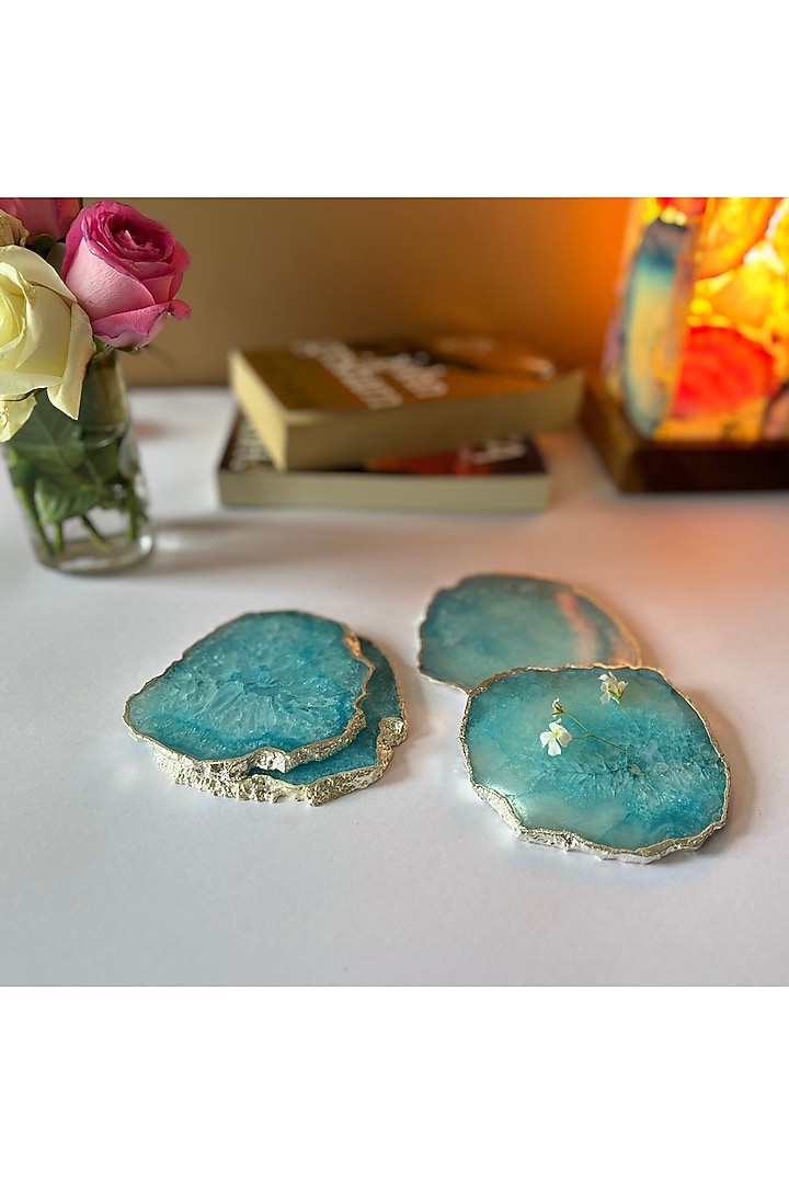 Turquoise Crystal Agate Silver Plated Coasters (Set of 4) by Home Jewels by Cotton Indya at Pernia's Pop Up Shop