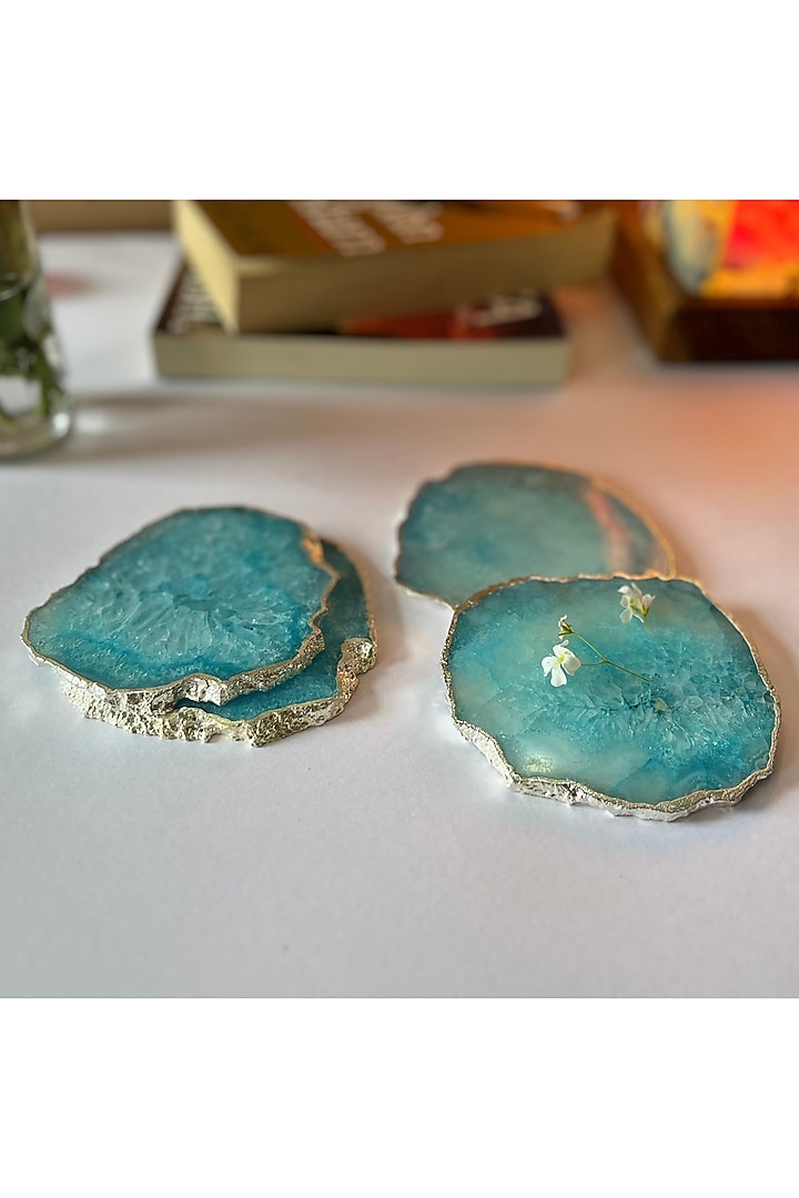 Turquoise Crystal Agate Silver Plated Coasters (Set of 4) by Home Jewels by Cotton Indya at Pernia's Pop Up Shop