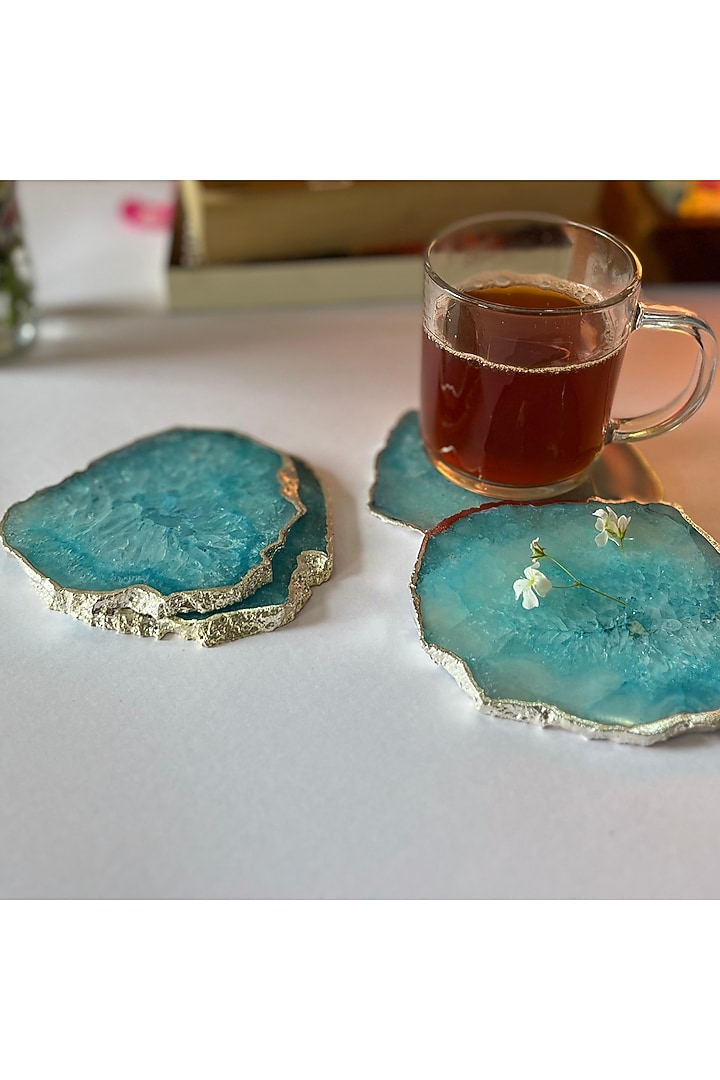 Turquoise Crystal Agate Silver Plated Coasters (Set of 4) by Home Jewels by Cotton Indya at Pernia's Pop Up Shop