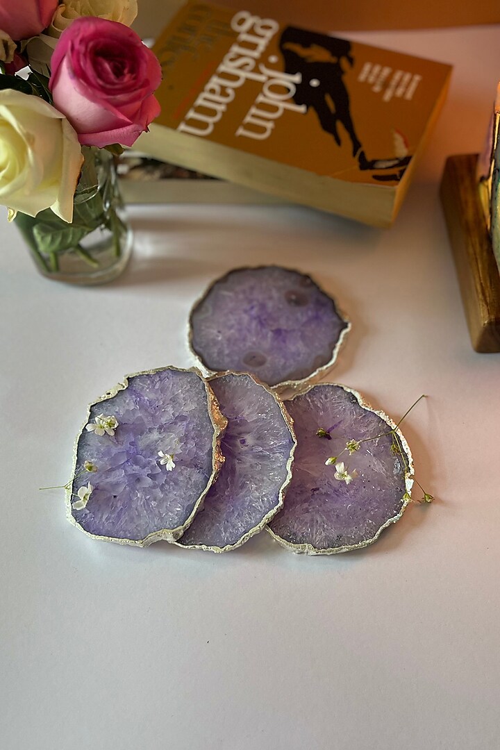 Purple Crystal Agate Silver Plated Coasters (Set of 4) by Home Jewels by Cotton Indya