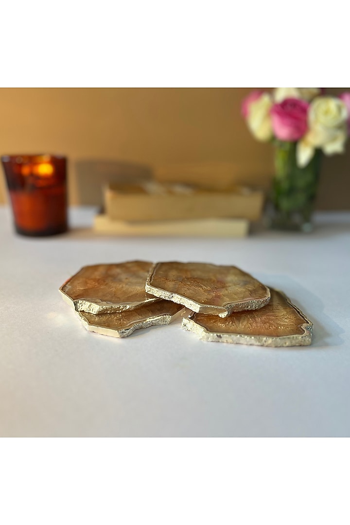 Brown Crystal Agate Silver Plated Coasters (Set of 4) by Home Jewels by Cotton Indya at Pernia's Pop Up Shop