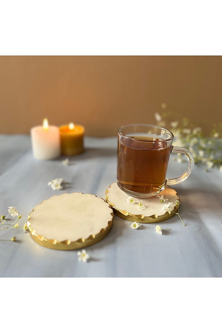White Marble Round Coasters (Set of 2) by Home Jewels by Cotton Indya at Pernia's Pop Up Shop