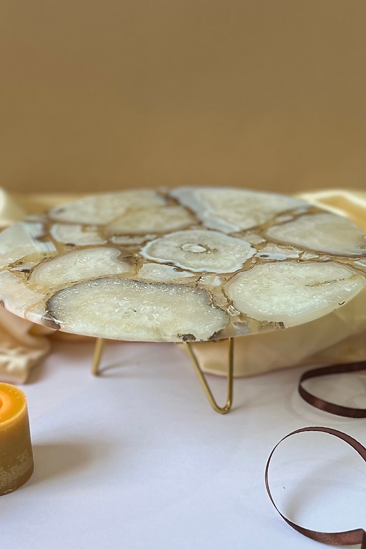 White Agate Cake Stand With Metal Base by Home Jewels by Cotton Indya at Pernia's Pop Up Shop