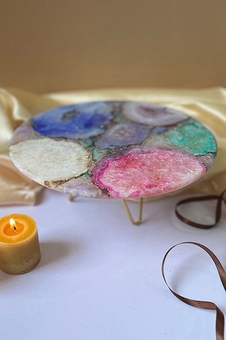 Multi-Colored Agate Cake Stand With Metal Base by Home Jewels by Cotton Indya at Pernia's Pop Up Shop