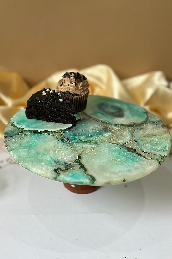 Green Agate Cake Stand With Wooden Base by Home Jewels by Cotton Indya