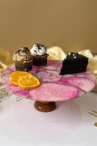 Pink Agate Cake Stand With Wooden Base by Home Jewels by Cotton Indya
