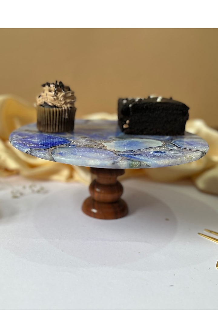 Blue Agate Cake Stand With Wooden Base by Home Jewels by Cotton Indya