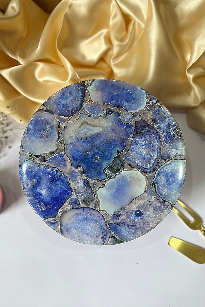 Blue Agate Cake Stand With Wooden Base by Home Jewels by Cotton Indya at Pernia's Pop Up Shop