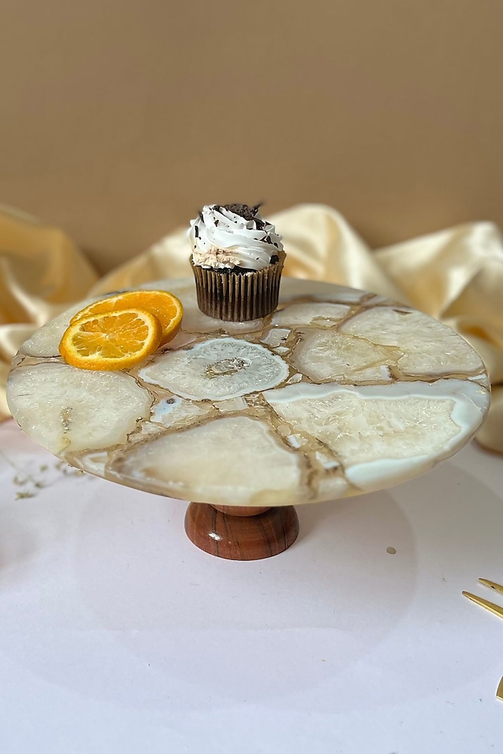 White Agate Cake Stand With Wooden Base by Home Jewels by Cotton Indya