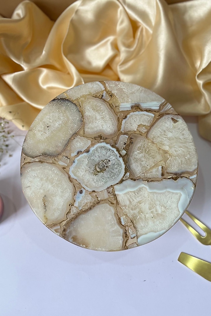 White Agate Cake Stand With Wooden Base by Home Jewels by Cotton Indya at Pernia's Pop Up Shop