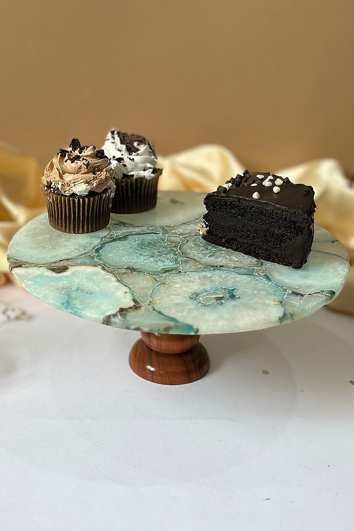 Turquoise Agate Cake Stand With Wooden Base by Home Jewels by Cotton Indya