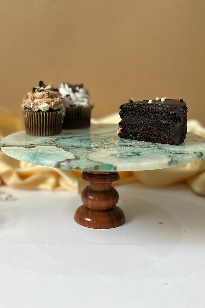 Turquoise Agate Cake Stand With Wooden Base by Home Jewels by Cotton Indya at Pernia's Pop Up Shop