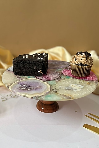 Multi-Colored Agate Cake Stand With Wooden Base by Home Jewels by Cotton Indya