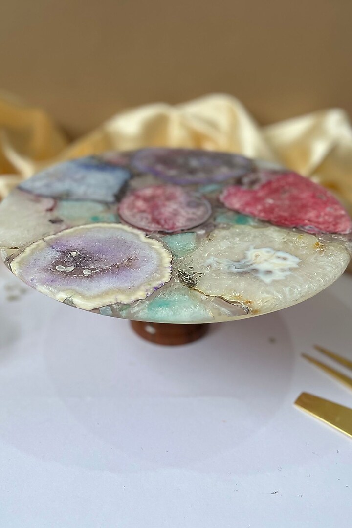 Multi-Colored Agate Cake Stand With Wooden Base by Home Jewels by Cotton Indya at Pernia's Pop Up Shop