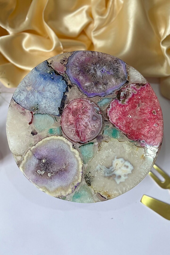 Multi-Colored Agate Cake Stand With Wooden Base by Home Jewels by Cotton Indya at Pernia's Pop Up Shop