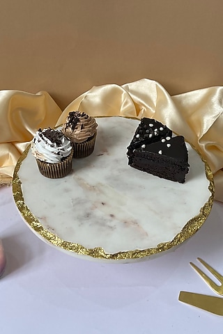 White Round Marble Cake Stand With Metal Base by Home Jewels by Cotton Indya