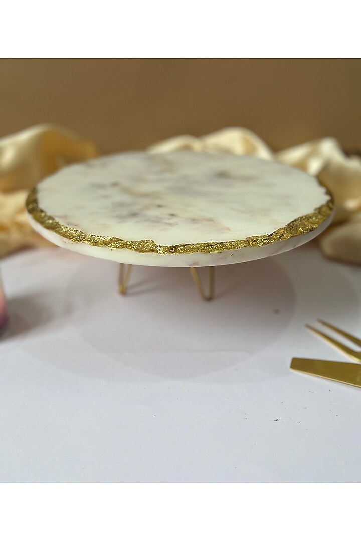 White Round Marble Cake Stand With Metal Base by Home Jewels by Cotton Indya at Pernia's Pop Up Shop