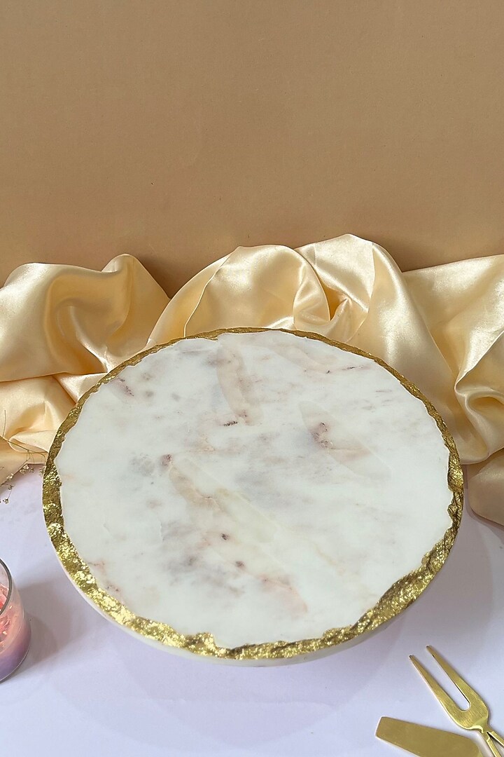 White Round Marble Cake Stand With Metal Base by Home Jewels by Cotton Indya at Pernia's Pop Up Shop