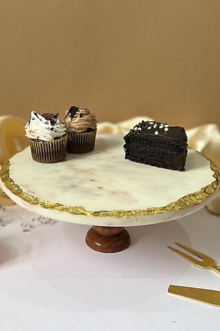 White Round Marble Cake Stand With Wooden Base by Home Jewels by Cotton Indya