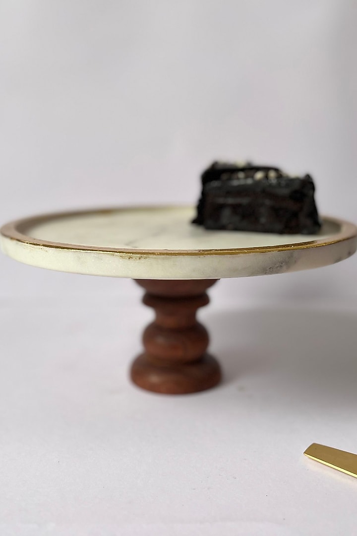 White Round Marble Cake Stand With Wooden Base by Home Jewels by Cotton Indya at Pernia's Pop Up Shop