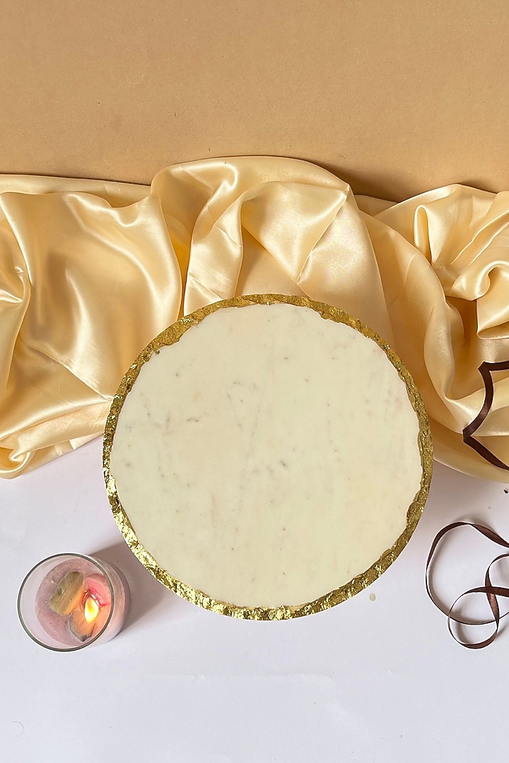 White Round Marble Cake Stand With Wooden Base by Home Jewels by Cotton Indya at Pernia's Pop Up Shop
