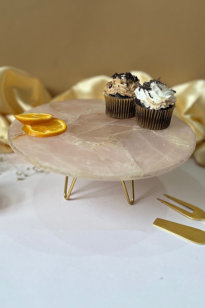 Pink Rose Quartz Round Cake Stand With Metal Base by Home Jewels by Cotton Indya
