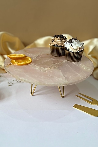 Pink Rose Quartz Round Cake Stand With Metal Base by Home Jewels by Cotton Indya