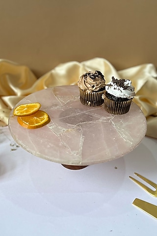 Pink Rose Quartz Round Cake Stand With Wooden Base by Home Jewels by Cotton Indya