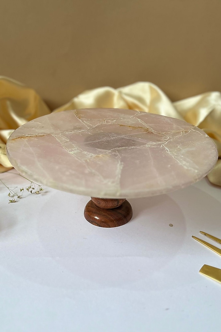 Pink Rose Quartz Round Cake Stand With Wooden Base by Home Jewels by Cotton Indya at Pernia's Pop Up Shop