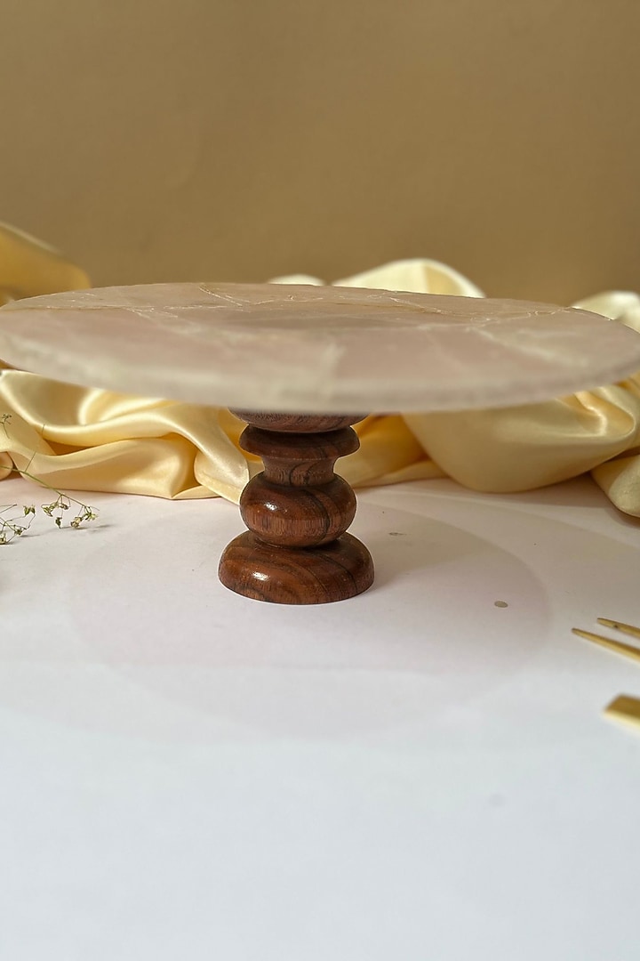 Pink Rose Quartz Round Cake Stand With Wooden Base by Home Jewels by Cotton Indya at Pernia's Pop Up Shop