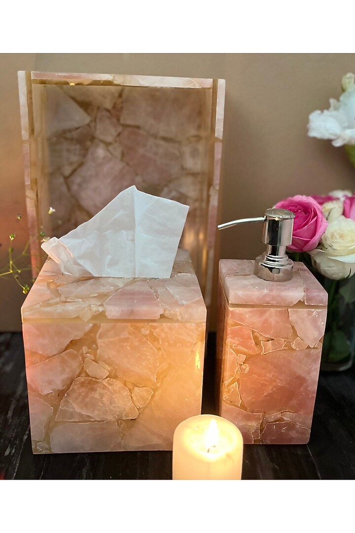 Pink Rose Quartz Bathroom Set Of 3 by Home Jewels by Cotton Indya at Pernia's Pop Up Shop